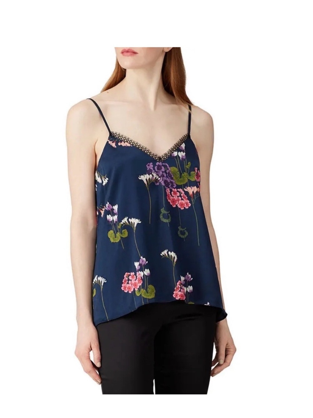 Nicole Miller Navy Satin Floral Lace-Trim Camisole lined